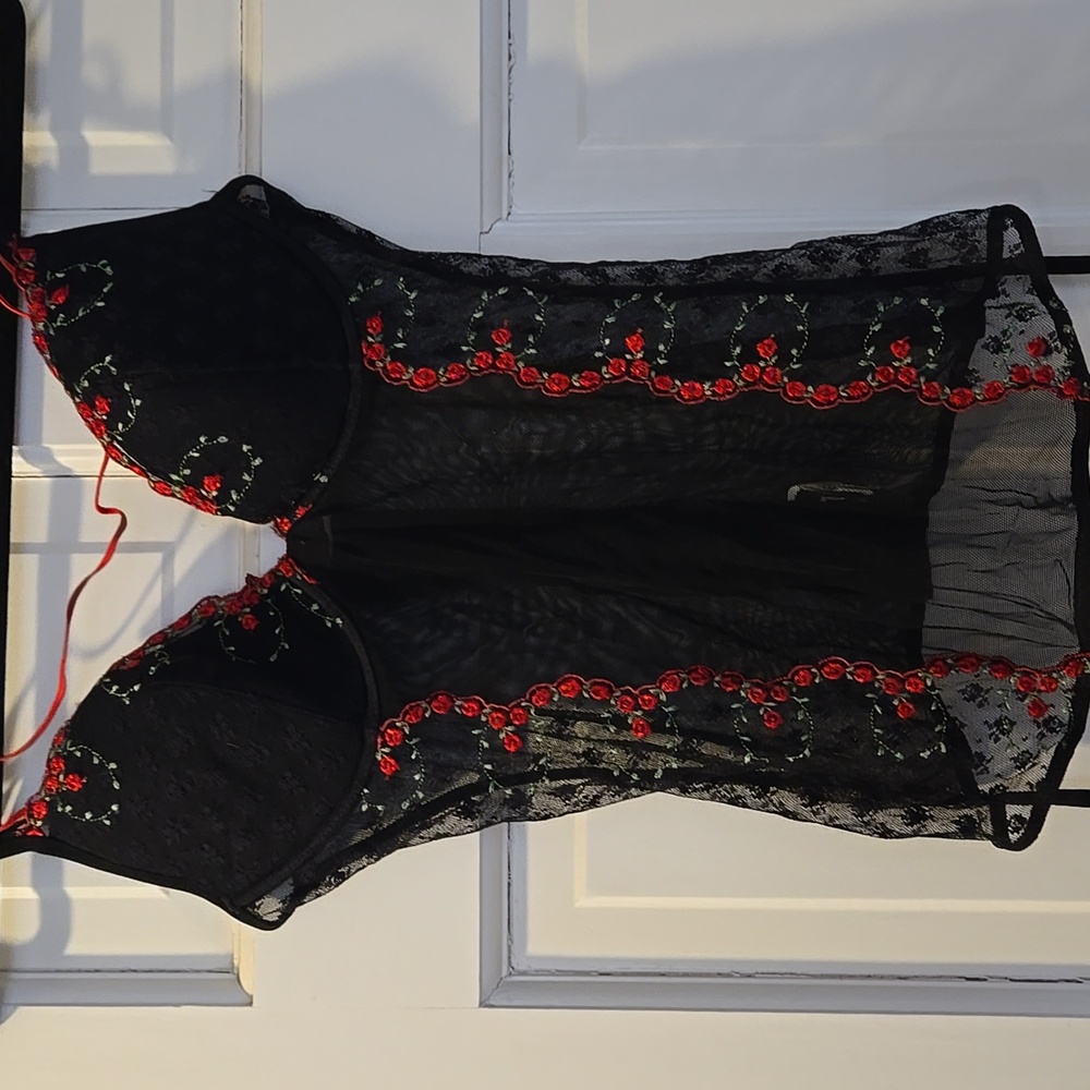 Occhi Verdi By La Perla Vintage Black Lace Bustier with Red Floral Embroidery - Picture 3 of 7